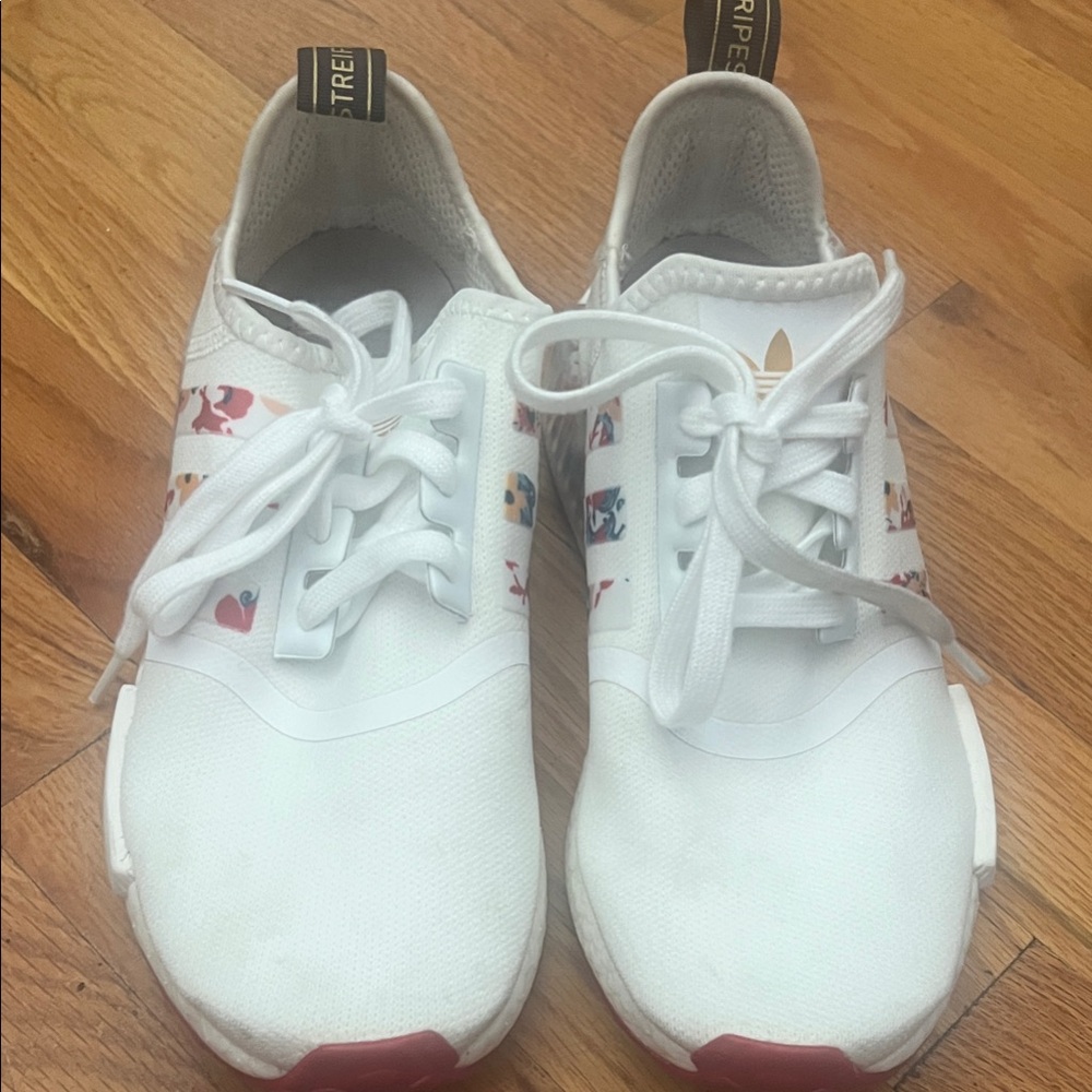Adidas White Athletic Shoes with hot Pink and Blue Floral Patterns